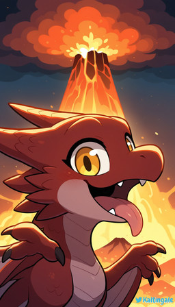 ambiguous_gender blush claws cute_fangs excited feral happy looking_at_viewer multicolored_body mythology nature nature_background open_mouth red_body red_scales scales side_view smile solo teeth tongue tongue_out two_tone_body volcano wings yellow_eyes kaltingale_(director) dragon mythological_creature mythological_scalie scalie hi_res