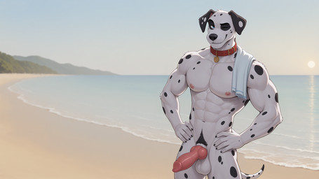 abs animal_genitalia animal_penis anthro armpit_hair ball_tuft balls beach biceps black_body black_eyebrows black_fur black_nose black_spots blue_eyes body_hair canine_genitalia canine_penis casual_erection casual_nudity claws collar collar_only detailed_background erection eyebrows floppy_ears fur genitals hand_on_hip hands_on_hips knot looking_at_viewer male markings muscular muscular_anthro muscular_male navel nipples nude nude_beach one_eye_closed outdoor_nudity outside pecs penis pink_nipples pink_penis presenting presenting_penis pubes sand sea seaside sheath sky smile solo spots spotted_body spotted_fur spotted_markings standing tail towel tuft water white_balls white_body white_fur wink winking_at_viewer bumblebee95 canid canine canis dalmatian domestic_dog mammal hi_res widescreen