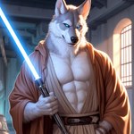 anthro canid canine canis fur humanoid jedi lightsaber male mammal melee_weapon muscular solo temple weapon white_body white_fur wolf