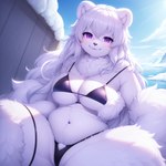 absurd_res anthro bikini clothing female fur hi_res mammal polar_bear purple_eyes seductive slightly_chubby smile solo swimwear ursid ursine white_body white_fur