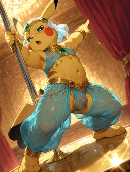 anthro balls balls_outline bodily_fluids bulge clothed clothing crossdressing dancing genital_outline genitals harem harem_jewelry harem_outfit hunter_(motelsaint) jewelry male male/male on_display penis pole pole_dancing prostitution public silk small_penis solo sweat sweaty_body sweaty_genitalia translucent translucent_clothing motelsaint nintendo pokemon generation_1_pokemon pikachu pokemon_(species) hi_res