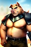 anthro armor belly bodily_fluids body_hair chest_hair domestic_pig hi_res male mammal nipples outdoors outside pup_tobey snout solo suid suina sus_(pig) sweat