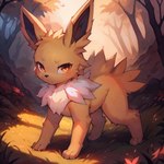 absurd_res all_fours ambiguous_gender canid canine crosskemono_(model) day eeveelution feral field flower generation_1_pokemon hi_res jolteon light looking_at_viewer mammal mengxi neck_tuft plant pokemon_(species) quadruped solo sunlight tuft walking yellow_body