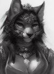 anthro black_and_white breasts chest_tuft cleavage clothed clothing felid female jewelry looking_at_viewer mammal monochrome solo tahlia_(director) tuft