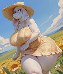 anthro bedroom_eyes big_breasts bovid breasts caprine chest_tuft clothed clothing cloud countershading curvy_figure dress ears_down female flower fur goat gold_eyes grassland hand_on_breast hat headgear headwear hi_res looking_at_viewer mammal mature_female narrowed_eyes pivoted_ears plant seductive sky solo straw_hat sunny thick_thighs toriel tuft unknown_director voluptuous white_body white_fur wide_hips yellow_clothing