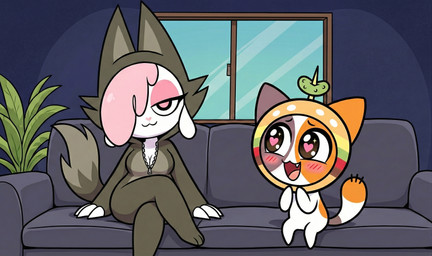 <3 <3_eyes anthro blush breasts burger_hat cleavage cleavage_cutout clothed clothing costume duo female female/female food_hat furniture gemini happy hat headgear headwear infatuation inside kigurumi living_room looking_at_another mottled nano_banana piebald side_by_side sitting smile sofa symbol_shaped_pupils window wolf_costume zipper yumisilva chikn_nuggit cheezborger_(chikn_nuggit) cofi_(chikn_nuggit) bovid calico_cat caprine domestic_cat felid feline felis mammal sheep hi_res stable_diffusion