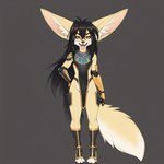 anthro black_hair black_nose boots chibi clothed clothing cybernetic_arm cybernetic_limb cybernetics cyberpunk egyptian egyptian_clothing eyewear fluffy fluffy_tail footwear fur girly glasses hair long_ears long_hair looking_at_viewer machine male multicolored_body multicolored_fur open_clothing orange_body orange_eyes orange_fur simple_background smile solo solo_focus tan_body tan_fur teeth tuft white_body white_fur director_pakiru pakiru pha'teut_(pakiru) canid canine cyborg fennec fox mammal digital_media_(artwork) hi_res