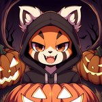 absurd_res ailurid anthro clothing evil_grin food frosting.ai fruit fur hi_res hoodie male mammal mr_diddlez orange_body orange_fur plant pumpkin red_panda rosso_(mr_diddlez) smile solo topwear