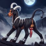 anatomically_correct anatomically_correct_genitalia animal_genitalia animal_penis anus balls bone butt canid canine canine_genitalia canine_penis detailed detailed_background detailed_fur director_firewolf feral fog full_moon furryrock_(model) generation_2_pokemon genitals hi_res horn houndoom knot looking_at_viewer male mammal moon mountains night paws penis pokemon_(species) presenting presenting_hindquarters raised_tail rock solo water