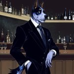 anthro bar black_body black_clothing black_fur black_nose black_tie_(suit) blue_body blue_fur bottle brown_body brown_fur clothing container cup drinking_glass fur glass glass_container glass_cup male restaurant solo stable_diffusion suit wine_glass yiffymix_(model) malachiteai australian_cattle_dog canid canine canis cattledog domestic_dog herding_dog mammal pastoral_dog 1:1