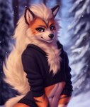 absurd_res anthro arcanine canid canine clothing detailed female fur generation_1_pokemon hi_res kadoodlebob mammal navel navel_piercing outside piercing pinup pokemon_(species) pose shaded snow solo