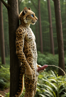 against_natural_surface against_surface against_tree anthro athletic athletic_male balls blue_eyes bodily_fluids day detailed_background erection forest fur genital_fluids genitals hand_on_penis holding_penis humanoid_genitalia humanoid_penis leopard_spots male male_peeing nipples nude nude_male outside peeing penis pink_nose pink_penis plant realistic side_view solo spots spotted_body spotted_fur standing touching_penis tree urine urine_stream watersports whiskers kodapanthera felid leopard mammal pantherine absurd_res hi_res