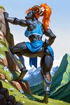 accessory anthro armor back_muscles black_body blue_eyes blue_top bodily_fluids butt climbing clothing crop_top female flower flower_in_hair genitals hair hair_accessory hooves horn leg_armor looking_away mountains muscular muscular_female orange_hair plant pussy rear_view shirt solo sweat sweaty_body tail topwear vambraces copeq brita_eng
