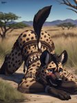 absurd_res anthro ass_up blush butt code_0_0 front_view hi_res hyaenid lying male mammal mostly_nude nervous on_front on_ground outside presenting savanna seductive solo spotted_hyena tribal tribal_clothing