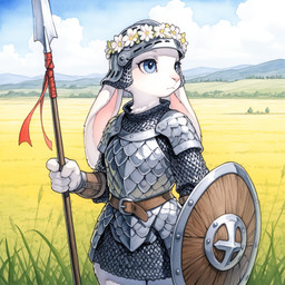 accessory armor belt biped blue_eyes blue_sky breastplate chainmail clothed clothing cloud day detailed_background expressionless female field fingers floppy_ears flower flower_crown fully_clothed fur grass grassland headgear helmet holding_object holding_shield holding_spear holding_weapon long_ears medieval medieval_armor melee_weapon outside pauldron pink_nose plant plate_armor polearm shield sky solo spear standing vambrace warrior weapon white_body white_fur unknown_director lagomorph leporid mammal rabbit detailed hi_res painting_(artwork) portrait traditional_media_(artwork) watercolor_(artwork)