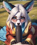 anthro blue_eyes canid canine duo eyebrows eyewear female first_person_view fox genitals glasses grass hair hi_res icefoxai kemono male male/female male_pov mammal oral penis plant rock whiskers white_hair