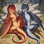 4_toes blue_body blue_scales blush duo featureless_chest featureless_crotch feet female female/female foot_grab hand_holding on_ground red_body red_scales scales semi-anthro shy toes tongue tongue_out winged_arms wings degenstoic dragon wyvern hi_res