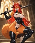 anthro armor athletic big_breasts black_claws black_lips black_nipples black_sclera breasts claws clothed clothing female fur gauntlets gloves golden_eyes hair handwear horn lips long_hair looking_at_viewer melee_weapon muscular_arms nipples orange_body orange_fur pinup pose pupils red_hair skimpy slit_pupils solo sword thong underwear weapon sagrael canid canine demon fox mammal absurd_res hi_res