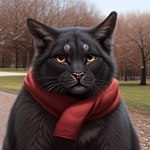 ambiguous_gender bust_portrait cartuniverse detailed_background domestic_cat felid feline felis feral looking_at_viewer mammal park portrait realistic realistic_fur scarf slightly_chubby solo whiskers yellow_eyes