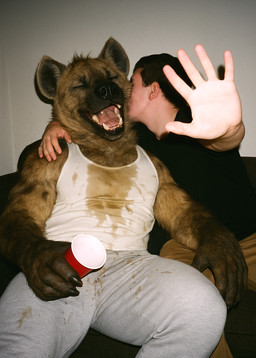 5_fingers alcohol anthro beer beverage black_lips bottomwear brown_body brown_fur caught claws clothed clothing container cup detailed_fur dirty_clothing duo eyes_closed fingers fur furniture hand_on_leg hand_on_shoulder holding_cup holding_object human_on_anthro interspecies kissing_cheek lips male male/male muscular muscular_anthro muscular_male on_sofa open_mouth pants photorealism reaching_towards_viewer realistic realistic_fur realistic_lighting shirt simple_background sitting sitting_on_sofa sofa sweatpants tank_top teeth tongue topwear delken human hyaenid mammal spotted_hyena detailed hi_res