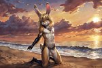 anthro balls beach blonde_hair blue_eyes genitals girly hair hi_res humanoid_genitalia humanoid_penis kemowolf lagomorph leporid long_hair male mammal nipples penis rabbit seaside semi-erect slim solo sunset