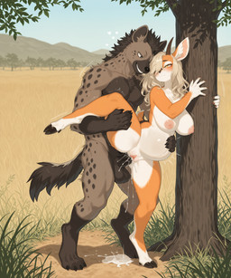 2_horns 4_toes 5_fingers against_natural_surface against_surface against_tree anthro anthro_on_anthro anthro_penetrated anthro_penetrating anthro_penetrating_anthro anthro_penetrating_female areola balls big_breasts black_eyes black_genitals black_nose black_penis blonde_hair blush bodily_fluids breasts brown_body brown_fur brown_genitals brown_horn claws cloven_hooves cum cum_drip cum_from_vagina cum_in_pussy cum_inflation cum_inside cum_on_ground cum_pool day detailed_background digitigrade dripping duo ejaculation enjoying erection eyes_closed feet female female_anthro female_on_anthro female_penetrated finger_claws fingers from_behind_position fur genital_fluids genitals grabbing grass hair hair_over_eye hand_on_stomach happy heart_symbol hindpaw hooves horn humanoid_genitalia humanoid_hands humanoid_penis inflation interspecies leaking leaking_cum leg_grab looking_pleasured male male/female male_anthro male_on_anthro male_penetrating male_penetrating_anthro male_penetrating_female markings multicolored_body multicolored_fur navel nipples nude nude_anthro nude_female nude_male on_one_leg one_eye_obstructed one_leg_up orange_body orange_fur orgasm outside paws penetration penile penile_penetration penis penis_in_pussy pink_areola pink_genitals pink_nipples pink_pussy plant predator/prey pussy raised_leg sex smile spots spotted_body spotted_fur spread_legs spreading standing standing_sex tail tan_body tan_fur teeth toe_claws toes tree tuft unguligrade vaginal vaginal_penetration white_body white_breasts white_fur yellow_eyes burioth antelope bovid gazelle hyaenid mammal spotted_hyena absurd_res detailed digital_media_(artwork) hi_res