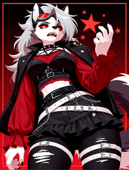 alternative_fashion anthro belt black_clothing black_topwear black_vest border bottomwear chain claws clothing collar eyewear eyewear_on_head female goggles goggles_on_head goth grey_hair hair jacket jacket_on_shoulders midriff notched_ear pants red_clothing red_eyes shirt skirt solo star tail topwear torn_bottomwear torn_clothing torn_pants vest white_body loren_iipsum helluva_boss loona_(helluva_boss) canid canid_demon canine canis demon hellhound mammal wolf hi_res