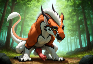 all_fours animal_genitalia animal_penis balls black_horn black_markings bodily_fluids countershading equine_penis feral front_view genital_fluids genitals horn hybrid_genitalia hybrid_penis knot knotted_equine_penis leaking_precum looking_at_viewer male markings orange_body penis precum presenting presenting_penis sheath solo tail_tuft tuft white_body white_countershading yellow_eyes latiodile felkin hi_res