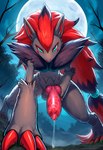 animal_genitalia animal_penis balls black_body blue_eyes bodily_fluids canine_genitalia canine_penis claws erection feral fur genital_fluids genitals hair knot looking_at_viewer low-angle_view male moon night outside penis presenting smile solo anonymous_director nintendo pokemon canid canine generation_5_pokemon humanoid mammal pokemon_(species) zoroark hi_res