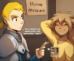 anthro armor blonde_hair blush brown_eyes clothed clothing dialogue duo eyes_closed female fur hair holding_object humor inside letter male pauldron ponytail smile text tom_fischbach webcomic anontk twokinds keiren_(twokinds) madelyn_adelaide webcomic_character canid canine canis human keidran mammal english_text hi_res