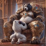 anthro anthro_on_anthro armor barefoot bent_arm big_penis black_bear black_body black_fur black_penis canid canine canis chair duo eye_contact feet foreskin foreskin_play fur furniture genitals handpaw harness hi_res kneeling larger_male licking looking_at_another looking_at_partner male male/male mammal musclegut oral partially_retracted_foreskin paws penile penis penis_lick presenting presenting_penis ring_(jewelry) sex shoulder_armor shoulder_belt sitting_on_throne size_difference smaller_male spread_legs spreading thick_penis throne tongue tongue_out ursid ursine vambraces vein veiny_penis white_body white_fur wolf zeid_(director)