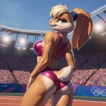 anthro blonde_hair blue_eyes bra breasts butt clothed clothing countershading eyeshadow female glitter hair leotard looking_at_viewer looking_back looney_tunes makeup ponytail rear_view scut_tail short_tail smile solo spandex sports_bra sportswear stadium tan_body tight_clothing underwear nsfjerk lola_bunny lagomorph leporid mammal rabbit hi_res