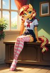 anthro bottomwear clothing female inside legwear long_legs looking_at_viewer miniskirt school_uniform sitting skirt solo stockings uniform foxlover7796 my_little_pony sunset_shimmer_(eg) equid equine horse mammal pony hi_res