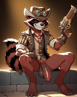 anthro balls barefoot bottomless claws clothed clothing eyewear eyewear_on_head feet flaccid foreskin genitals gloves goggles goggles_on_head gun handwear hat headgear headwear male neckerchief penis ranged_weapon shirt sitting solo spread_legs spreading tail toe_claws topwear vein veiny_penis vest weapon whiskers styx343 rocket_raccoon mammal procyonid raccoon hi_res