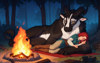 4_toes 5_fingers bag bestiality black_body black_claws black_fur black_sclera boots braided_hair campfire claws clothing detailed_background duo feet female female_human feral fingers fire footwear forest forest_background fur grey_body grey_fur hair human_on_feral interspecies looking_away lying lying_on_partner male male/female male_feral medieval_clothing multicolored_body multicolored_clothing multicolored_fur nature nature_background neck_tuft night on_side outside pan plant red_carpet red_hair sleeping tail_tuft toes tree tuft white_body white_fur wood yellow_eyes adragocult felkin human mammal absurd_res hi_res