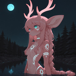 anthro antlers bathing big_ears blue_eyes breasts dark detailed_background female forest forest_background fur glowing glowing_eyes hair horn long_hair markings moon nature nature_background night nude outside partially_submerged pink_body pink_fur plant river side_view small_breasts solo standing_in_water star tasteful_nudity tree tribal tribal_markings wet wet_body wet_fur pixelpawai cervid mammal hi_res