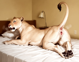 anatomically_correct anatomically_correct_genitalia animal_genitalia animal_pussy anus bed bedroom bestiality black_pawpads bodily_fluids breath brown_eyes butt fangs feline_genitalia feline_pussy female feral fur furniture furniture_lamp gaping gaping_pussy genital_fluids genitals light looking_at_viewer lying lying_on_bed on_bed on_front open_mouth pawpads paws pillow pink_anus pink_pussy presenting presenting_hindquarters presenting_pussy pussy seductive side_view solo sunlight tail tail_tuft tan_body tan_fur teeth tuft jensenai felid feline lion mammal pantherine hi_res
