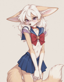 5_fingers anthro blush bottomwear bowtie brown_body brown_fur choker clothed clothing cropped_shirt dipstick_tail female fingers front_view fur hair inner_ear_fluff jewelry long_hair markings navel necklace purple_eyes shy simple_background skirt solo standing tail_markings tuft white_background white_body white_fur white_hair foxgirlai sailor_moon_(series) canid canine fennec fox mammal hi_res