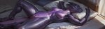 absurd_res anthro bed bed_sheet bedding bodily_fluids breasts drooling eyes_closed featureless_breasts female furniture genital_fluids genitals glistening glistening_body glistening_scales head_on_pillow hi_res horn kobold lying non-mammal_breasts on_back pillow purple_body purple_scales pussy pussy_juice saliva scales scalesai scalie scalie_tail sleeping smile solo ultrawide widescreen