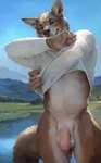 2023 absurd_res anthro balls canid canine canis clothed clothing edit flaccid fur genitals hi_res img2img looking_at_viewer male mammal mountain mountains outdoors penis shirt solo standing t-shirt tail topwear water white_body white_fur wolf