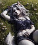 anthro breasts canid canine canis clothed clothing female fur hair hi_res loona_(helluva_boss) lying mammal on_back on_grass on_ground outside skimpy sleeping solo traialas white_body white_fur