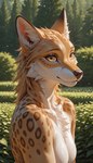 anthro blonde_hair brown_nose chest_tuft eyebrows female garden_background gold_eyes hair inner_ear_fluff leopard_spots makeup mascara nippleless smile spots sunny_(bahufaru) tuft whiskers wilderness_background bahufaru canid canine felid fox hybrid jaguar mammal pantherine hi_res