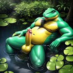 absurd_res amphibian anthro balls body_hair breath_of_fire chest_hair forest frog genitals hi_res jean_(breath_of_fire) leaning leaning_back male male/male nipples penis plant pup_tobey solo superabsurd_res tree water