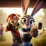 anthro clothed clothing ears_down ears_up female fully_clothed group gun handgun holding_gun holding_object holding_weapon light looking_at_viewer male outside pistol pivoted_ears plant police_uniform ranged_weapon sunlight tree uniform weapon zootopia duolingo judy_hopps nick_wilde canid canine fox lagomorph leporid mammal rabbit