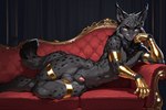 animal_genitalia animal_penis anthro balls black_body black_fur clothing dark_room feline_penis fluffy fluffy_tail fur furniture genitals gloves golden_eyes hair handwear laying_down looking_at_viewer male nude penis seductive seductive_smirk sheath smile solo tuft xaninho felid feline lynx mammal