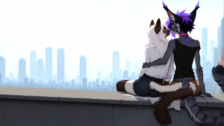 anthro blue_eyes bottomwear clothing cutoffs denim denim_clothing duo entwined_tails eye_contact facial_tuft fangs female fur grey_body grey_fur hair legwear long_hair looking_at_another nose_to_nose purple_hair red_eyes shirt shorts sitting skinny sleeveless_shirt slim stripes tail_coil teeth topwear white_body white_clothing white_fur white_hair white_shirt white_topwear seli-32 chai_(seli-32) jen_(jenlekiska) domestic_cat felid feline felis lynx mammal siamese absurd_res hi_res