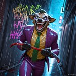 alley angry anthro blood bodily_fluids city clothing clown_makeup crowbar dutch_angle ears_back ears_down green_hair hair laughing makeup male night pivoted_ears raining sharp_teeth solo teeth text tools ivorymane dc_comics the_joker hyaenid mammal spotted_hyena watermark