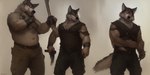 5_fingers anthro belt black_nose bottomwear brown_body brown_fur canid canine canis claws clothed clothing fingers fur group male male/male mammal musclegut muscular muscular_anthro muscular_male navel pants pecs standing tesseract_(director) topless topwear trio tuft weapon wolf