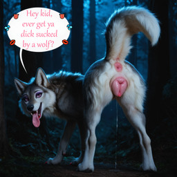 anatomically_correct animal_genitalia animal_pussy anus big_pussy bodily_fluids butt canine_genitalia canine_pussy claws dialogue dripping fangs female female_feral feral forest fur genital_fluids genitals grey_body grey_fur looking_at_viewer looking_back makeup mythology nature nature_background night open_mouth outside paws pink_anus pink_genitals pink_pussy plant plump_labia presenting presenting_anus presenting_hindquarters presenting_vulva purple_eyes pussy pussy_juice raised_tail saliva solo speech_bubble tail tail_anus talking_to_viewer teeth text tongue tongue_out tree vaginal_fluid_drip white_body gridanon hey_kid_ever_had_ya_dick_sucked meme_2026 canid canine canis mammal mythological_canine mythological_creature werecanid werecanine werecreature wolf digital_media_(artwork) english_text hi_res meme stable_diffusion