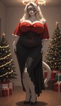 anthro big_breasts bow_ribbon breasts christmas christmas_clothing christmas_tree chubby_female cleavage clothed clothing detailed_background female footwear fur gift hair high_heels long_hair male plant solo tree upscale redstallion_(director) felid feline mammal detailed hi_res